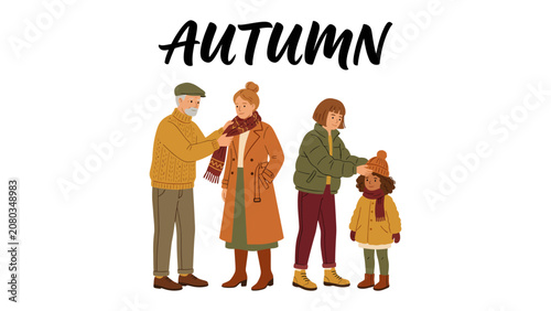 Canvas-taulu Autumn Family Gathering: A heartwarming illustration depicts a multi-generational family sharing a cozy moment during autumn, with the word AUTUMN prominently displayed above them