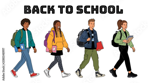Back to School Diversity: A group of diverse students, each with a backpack and books, walk confidently towards a new academic year, embodying the spirit of education and youthful ambition.