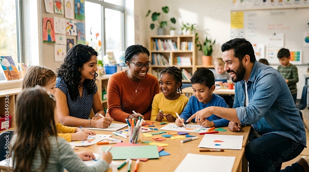 Fototapeta premium Diverse teachers and elementary students working on art in classroom