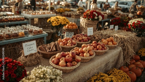 Market Stands Display Fruits and Flowers in a Busy Outdoor Setting During the...