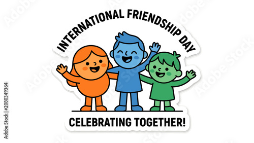 Bild auf Leinwand International Friendship Day Celebration: Three diverse cartoon children with arms around each other in a cheerful embrace