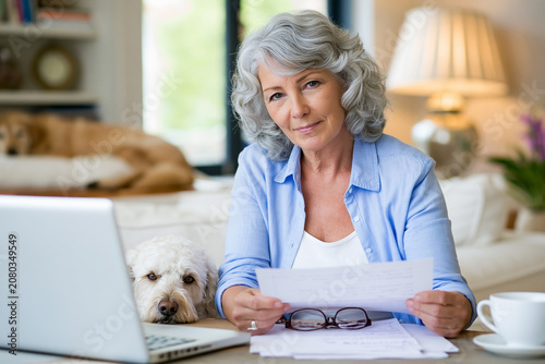 Senior woman with gray hair sitting at a desk, reviewing documents with a laptop and a dog beside her in a cozy home office setting