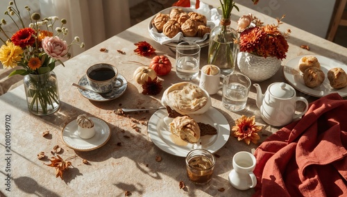 Enjoying Breakfast With Baked Goods and Drinks on a Table Decorated With Flow...