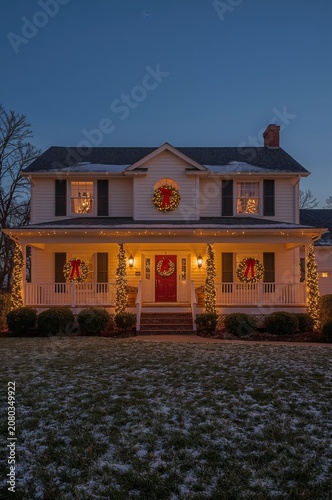 Winter Holiday Decorations on a House With Lights and Wreaths at Dusk in a Re...