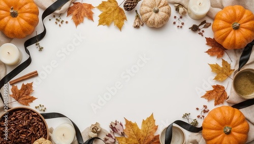 Autumn Decorations With Pumpkins and Leaves on a White Background for Seasona...