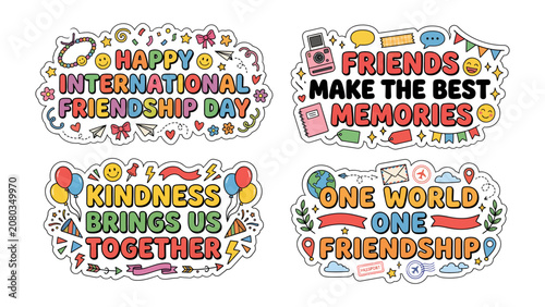 Tableau sur toile Friendship Day Doodle Collection: A vibrant collection of four hand-drawn doodles celebrating friendship, kindness, and global connection, perfect for expressing warm sentiments and cherished bonds