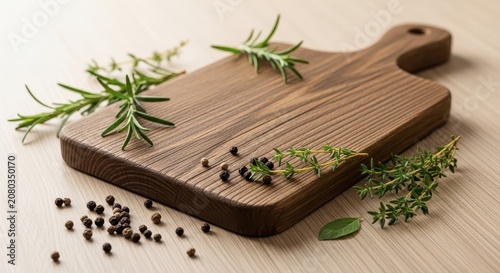 Wooden cutting board with herbs.