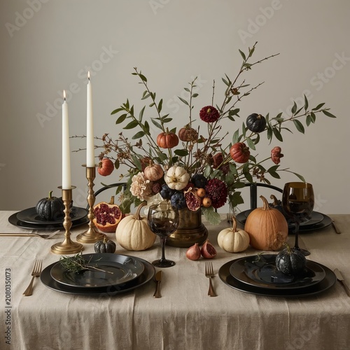 Fall Dinner Table Setup With Candles and Floral Arrangement Featuring Pumpkin...
