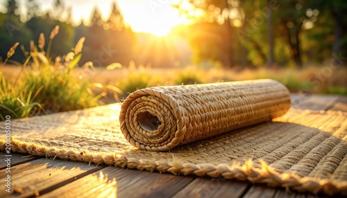 Yoga mat on wooden deck outdoors.