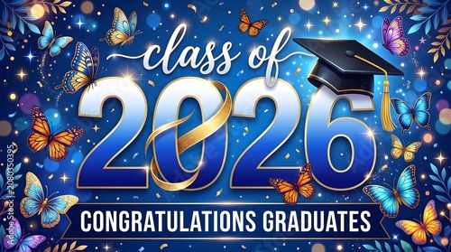 Class of 2026 congratulations graduates banner with butterflies and graduation cap