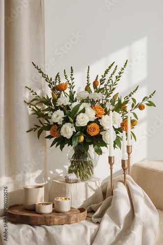 Flowers in a Vase With Candles and Decor on a Tray in a Sunlit Room