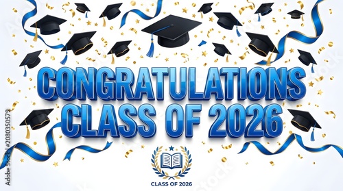 Congratulations class of 2026 banner with blue 3d text, graduation caps, ribbons, and gold confetti