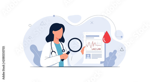Doctor examining lab results with magnifying glass, medical analysis and blood test concept