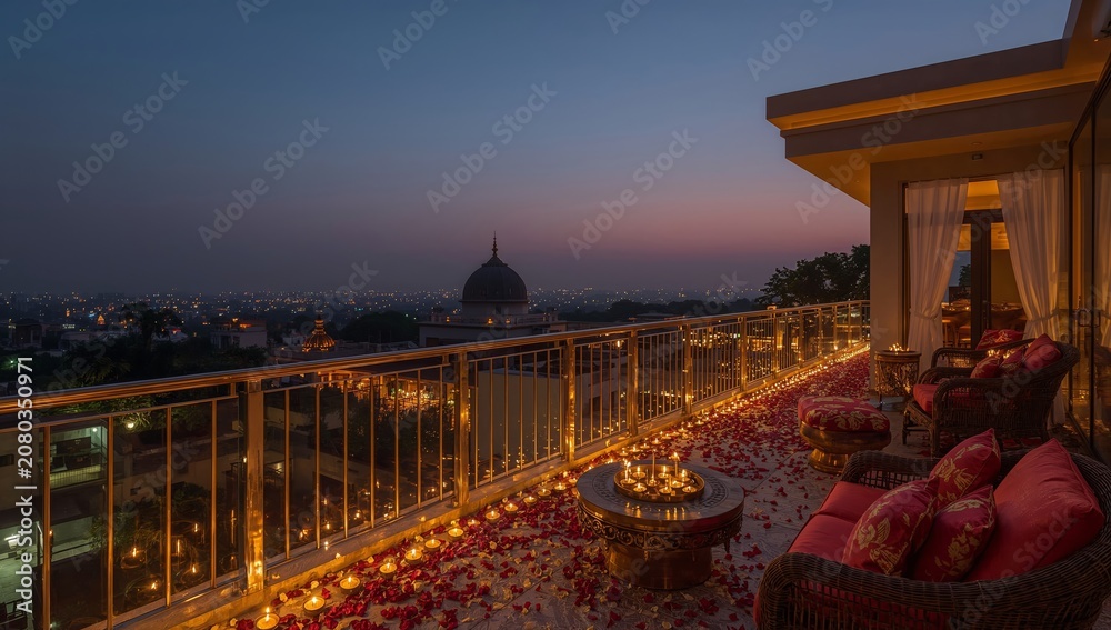 Fototapeta premium Evening View From a Balcony With Candles and Flowers in a City Setting