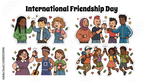 Fotografía International Friendship Day Celebration: Diverse groups of friends share high-fives and joyful moments, celebrating connection and camaraderie on International Friendship Day