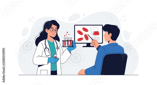 Doctor explaining blood cells and laboratory test results on computer screen to patient, Vector Illustration