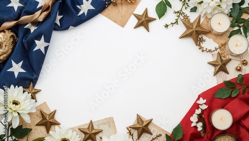 Festive Decoration With Red, White, and Blue Elements Arranged on a White Sur...