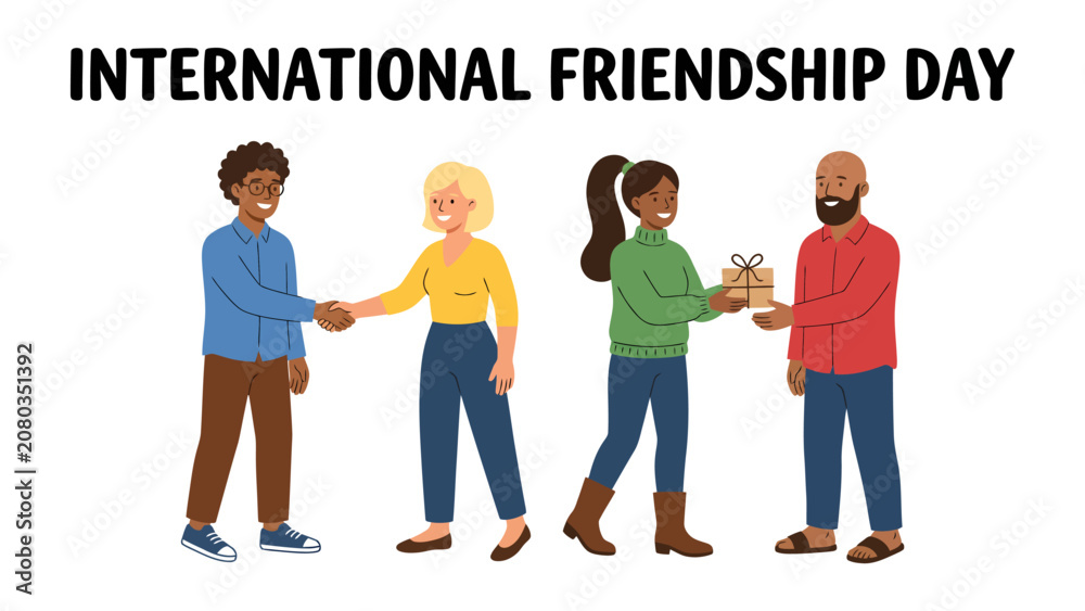 Obraz premium International Friendship Day Celebration: Four diverse individuals come together to celebrate International Friendship Day, exchanging smiles and a gift, embodying connection and unity.