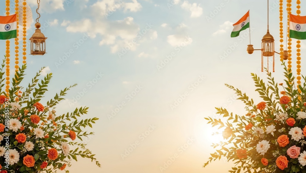 Fototapeta premium Flowers and Flags Decorate the Space During a Celebration at Sunset in India