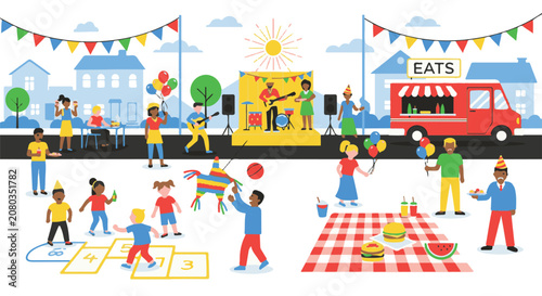 Vibrant street fair scene with diverse people enjoying music, food trucks, and games under a sunny sky with colorful bunting.