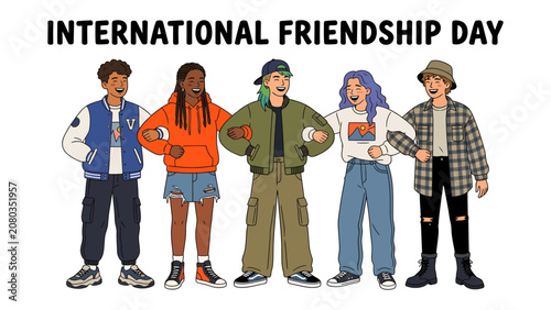 Obraz na plátně Celebrating Friendship Day: A diverse group of young friends, representing different styles and backgrounds, stand arm-in-arm in a display of unity and camaraderie on International Friendship Day