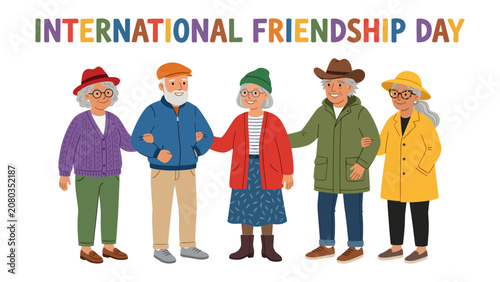 Fotografie Celebrating International Friendship Day: A vibrant illustration depicts five elderly friends, arm-in-arm, showcasing the enduring power of connection and camaraderie across generations