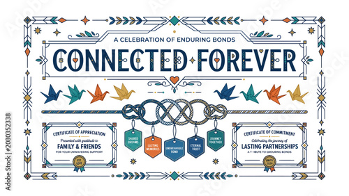 Bild auf Leinwand Connected Forever Design: A sophisticated graphic design celebrating enduring bonds and lasting partnerships, featuring intricate borders, origami cranes, and interwoven knots