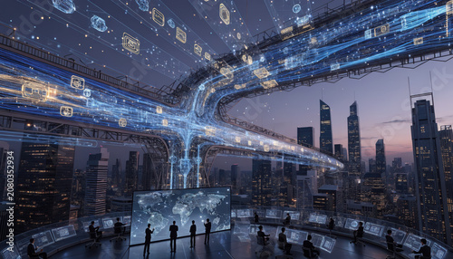 Futuristic city data network control room skyline at dusk, hyperrealistic sweeping architectural hub with hologram interface