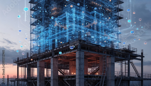Construction building architecture blueprint technology visualization overlay on highrise frame at dusk, innovative design