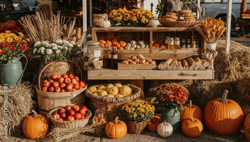 Fall Market Display With Pumpkins, Apples, and Baked Goods at a Local Farm