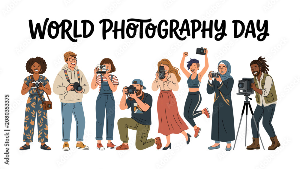 Fototapeta premium World Photography Day Celebration: A vibrant illustration depicts a diverse group of people celebrating World Photography Day, each holding and using cameras to capture the moment.