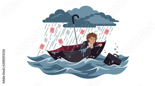 Businessman struggling in stormy seas under an umbrella boat with falling papers