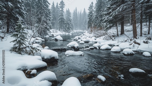 River Flows Through Snowy Landscape With Tall Trees in Winter