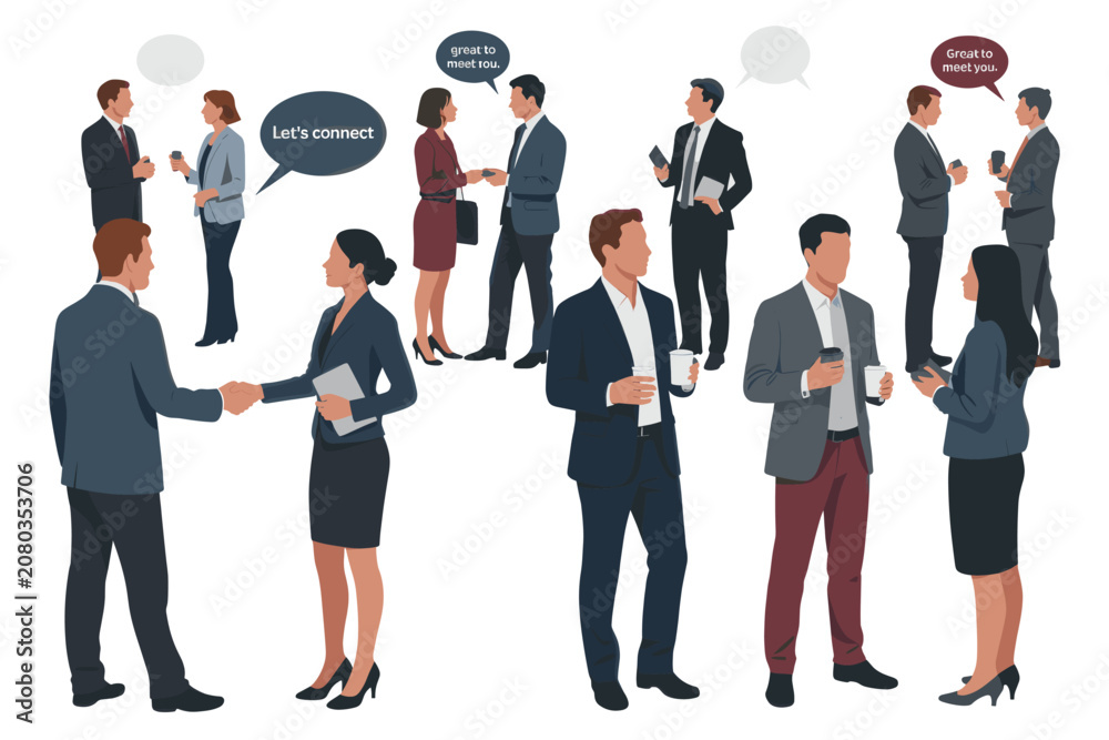 Obraz premium Professional business networking set, corporate people talking and shaking hands, flat vector office characters for conference