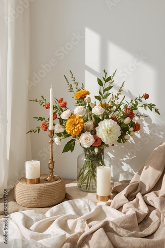 Flowers and Candles Arranged on a Table With Soft Fabric in a Bright Room