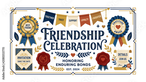 Konstfotografi Friendship Celebration Announcement: A charming graphic design announces a 'Friendship Celebration Honoring Enduring Bonds,' featuring decorative ribbons, awards, and invitation elements