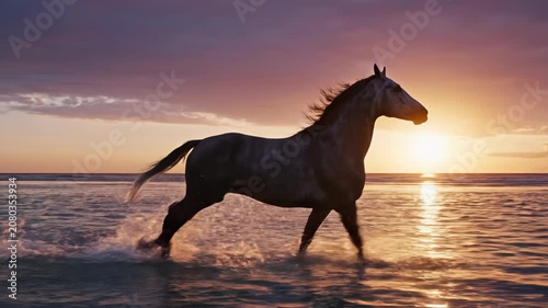 Side view silhouette of a horse running through shallow sea water at sunset, splashing droplets against a vibrant orange and purple sky on a coastal beach shore.