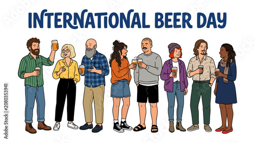 Foto Cheers to International Beer Day: A diverse group of people, each holding a glass of beer, come together to celebrate International Beer Day, showcasing the universal appeal of this beloved beverage