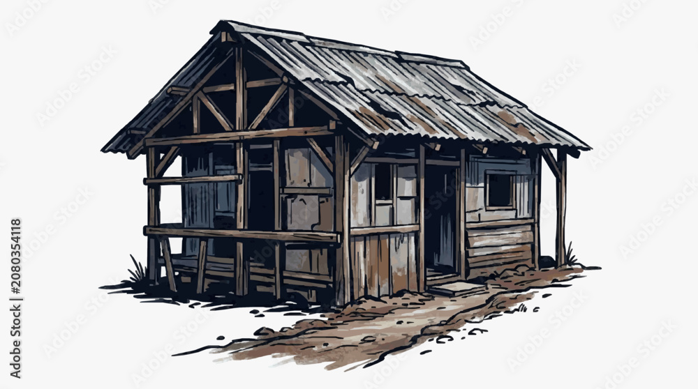 Fototapeta premium Traditional wooden cabin with snow covered roof and porch.