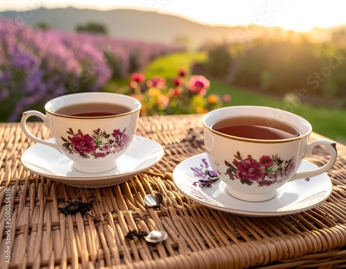 Tea Time Serenity - Two Cups Amidst Lavender Fields.