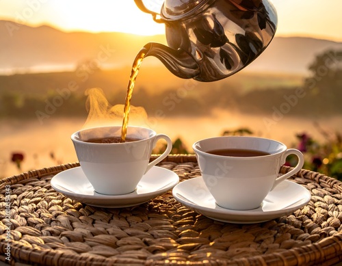 Pouring Tea at Sunrise - A Moment of Tranquility and Warmth.