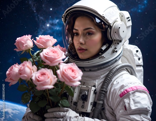 Astronaut in space holding pink roses with Earth backdrop.