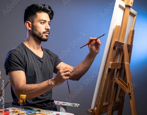 Focused Artist at Work - Painting on Canvas with Precision.