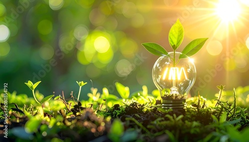 Sustainable Energy Concept - Light Bulb with Plant Sprouts in Nature.