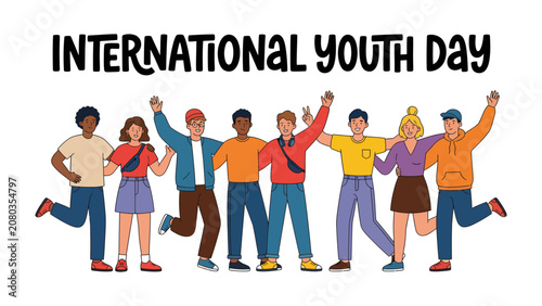 Photos International Youth Day Celebration: A vibrant and diverse group of young people stand arm in arm, celebrating International Youth Day with outstretched arms and joyful expressions