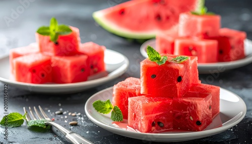 Refreshing Watermelon Cubes Stacked on Plates with Mint Garnish.
