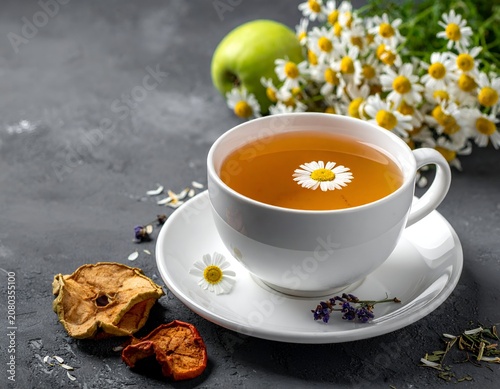 Chamomile Tea Still Life - Cup, Apple, and Dried Fruit.
