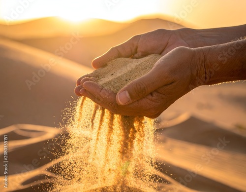 Hands holding sand in the desert at sunset, time concept.
