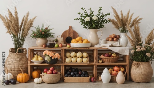 Fruits and Flowers Arranged on a Wooden Shelf in a Bright Indoor Space During...