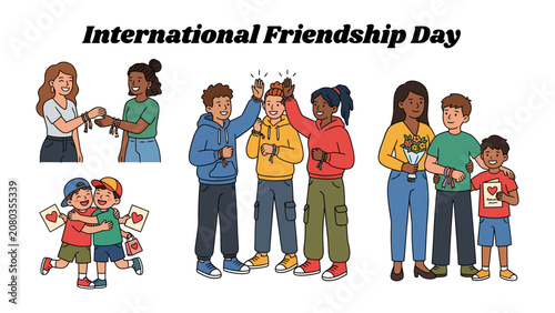 Obraz na plátně International Friendship Day Celebration: A vibrant illustration depicting various scenes celebrating friendship, including friends hugging, exchanging gifts, and sharing joyful moments